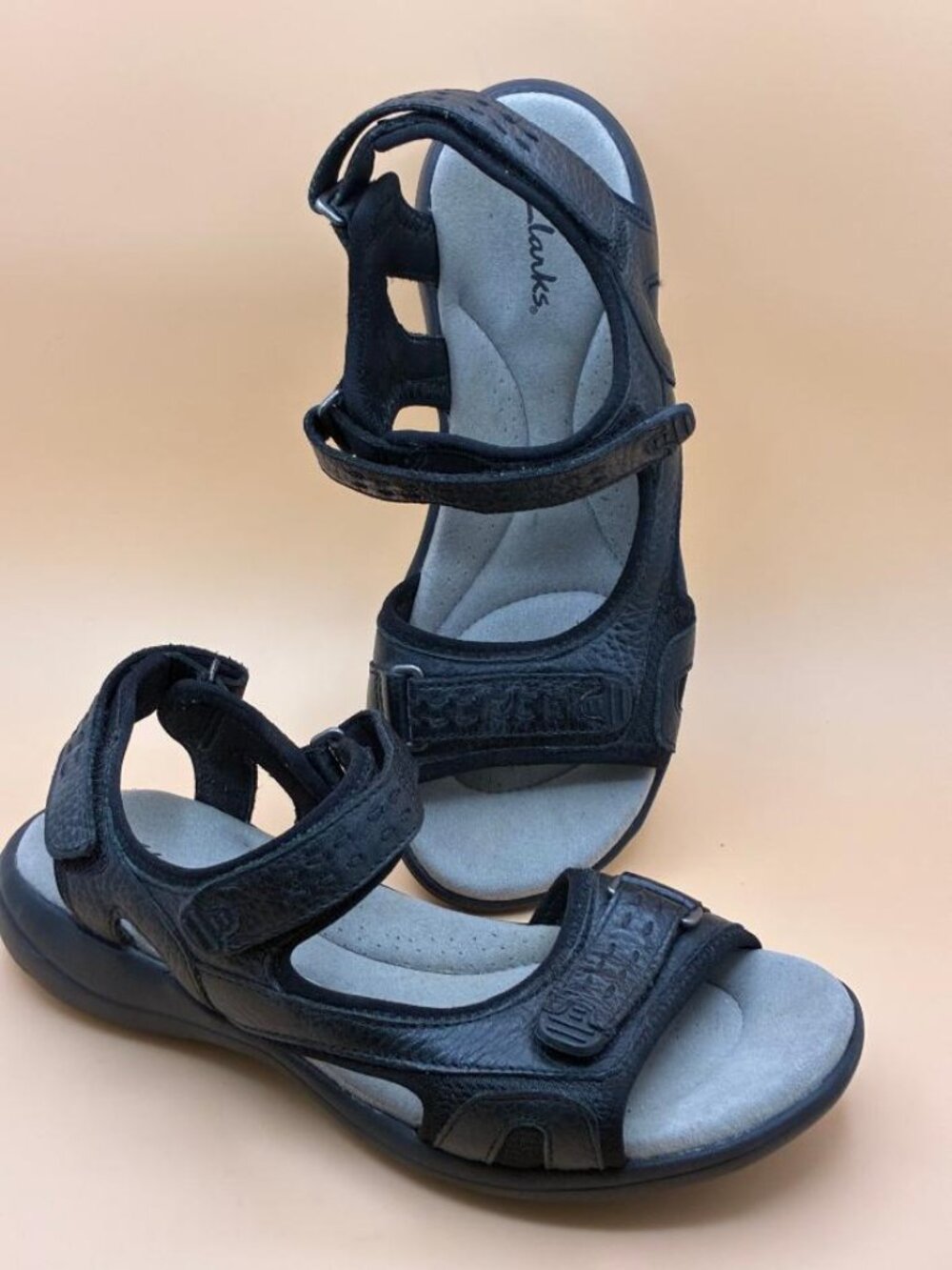 Clark's Morse Tour Black Leather Sandals Women's Sz 6.5W Hook & Loop Comfort
